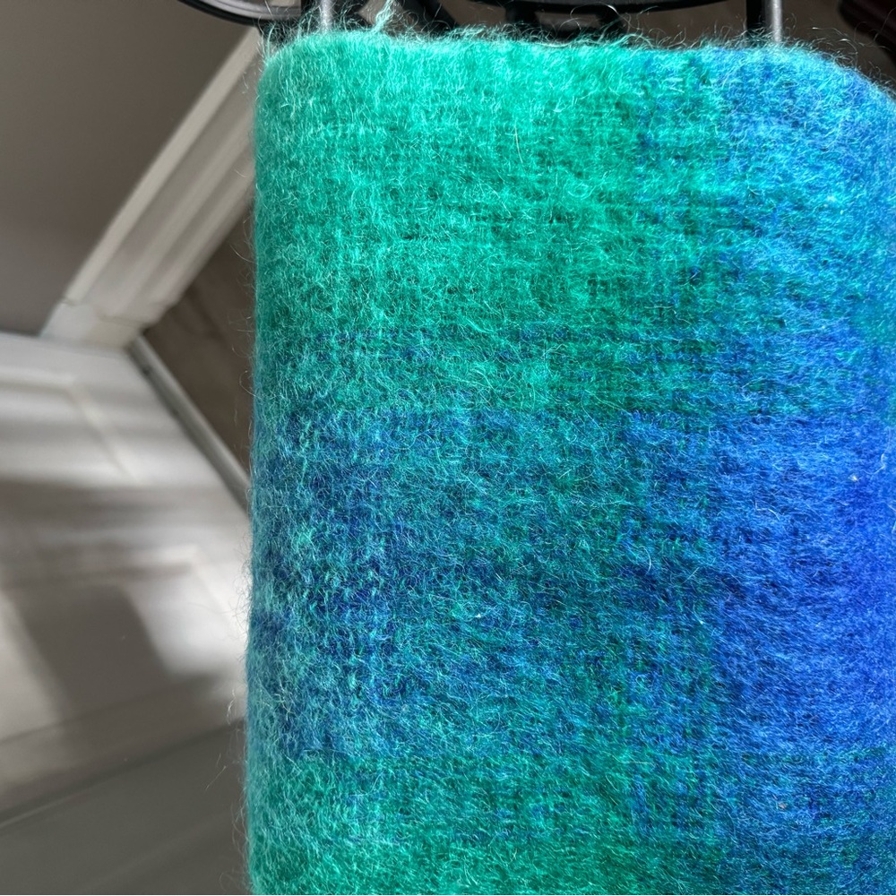 Made in Scotland Mohair and Wool Green and Blue Plaid Blanket - Picture 2 of 6